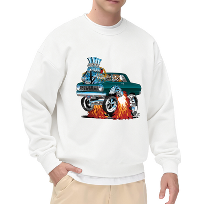 Retro Cartoon Flaming Hot Rod Muscle Car Grey Crewneck Sweatshirt