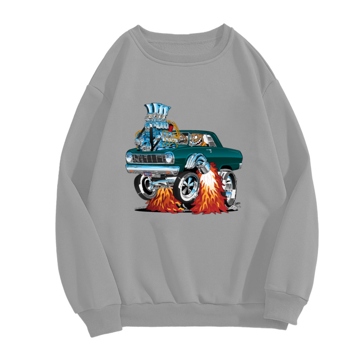 Retro Cartoon Flaming Hot Rod Muscle Car Grey Crewneck Sweatshirt
