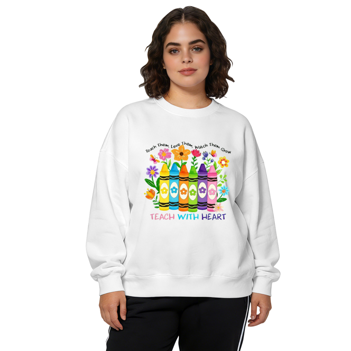 Teach With Heart Colorful Crayon Floral Teacher Life Crewneck Sweatshirt