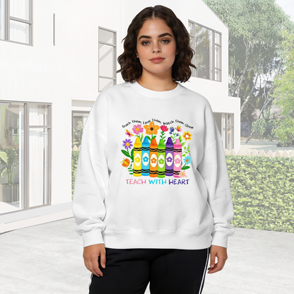 Teach With Heart Colorful Crayon Floral Teacher Life Crewneck Sweatshirt