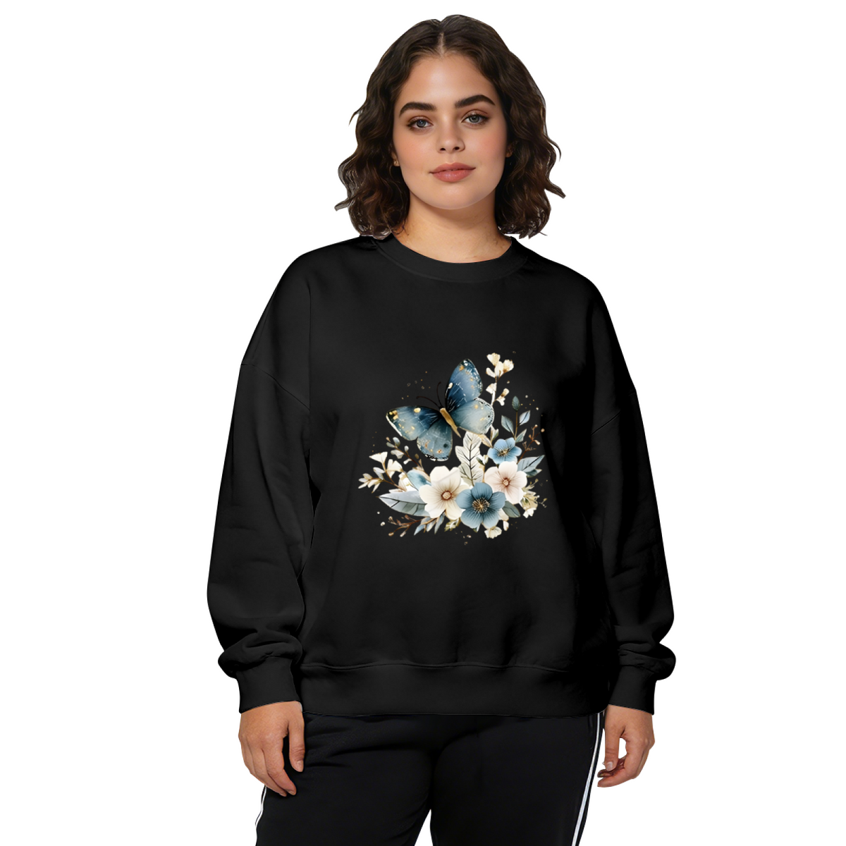 Muted Blue Floral With Butterfly Delicate Crewneck Sweatshirt