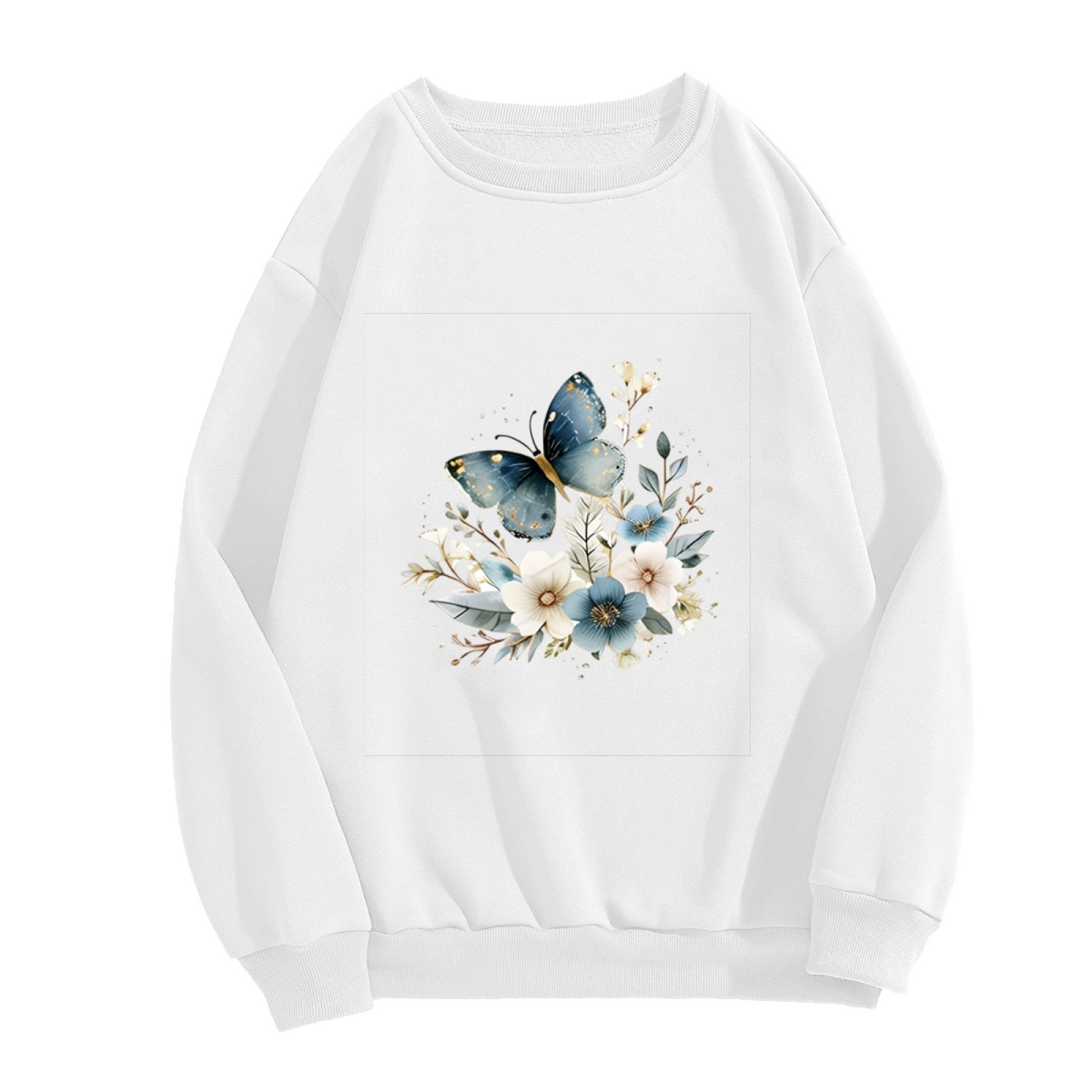 Muted Blue Floral With Butterfly Delicate Crewneck Sweatshirt