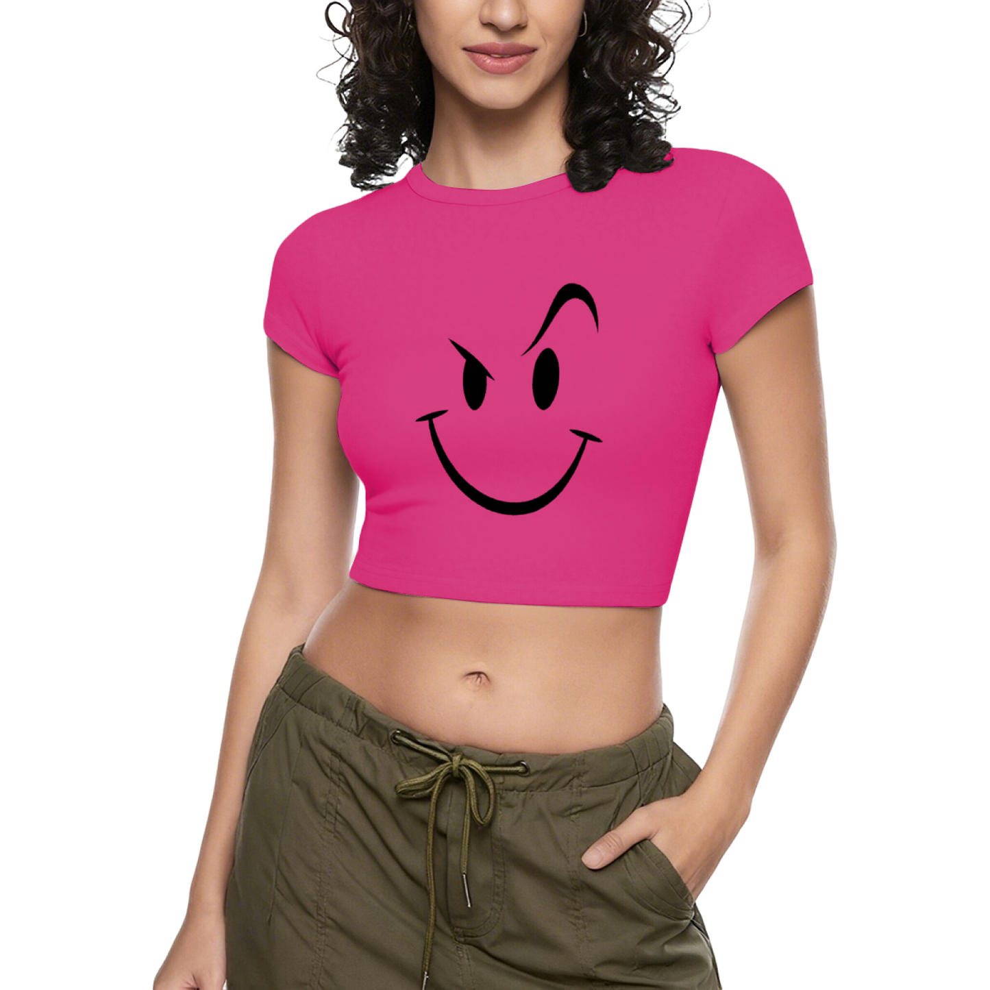 Mischievous Wink Smiley Face Hot Pink Crop Tee