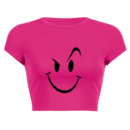 Mischievous Wink Smiley Face Hot Pink Crop Tee