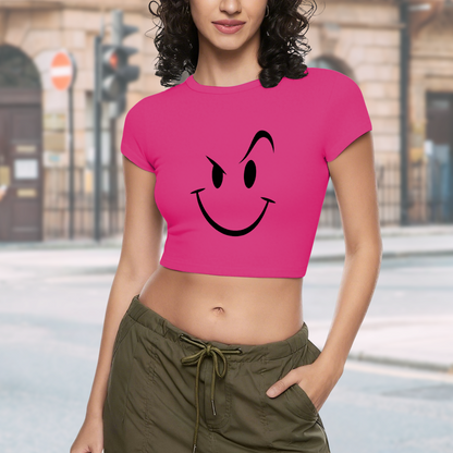 Mischievous Wink Smiley Face Hot Pink Crop Tee