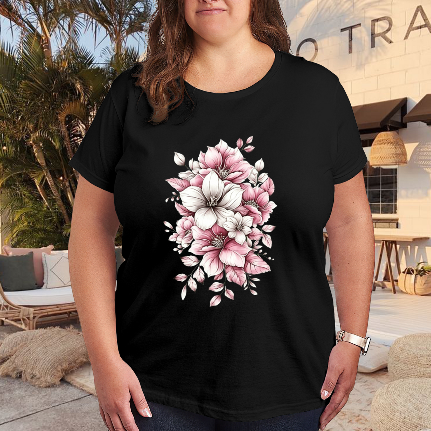 Soft Pink & White Floral Art Aesthetic Women¡¯s Tee