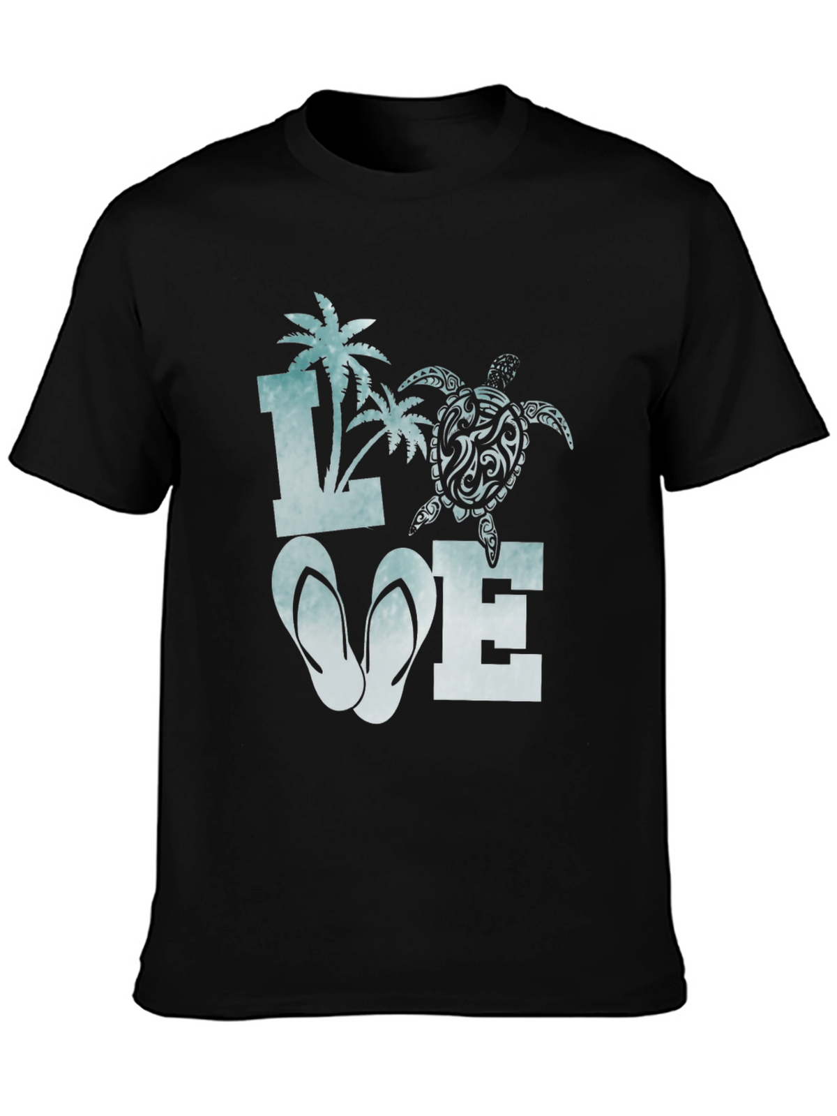 Love Beach T-Shirt: Palm Tree Turtle Flip Flop Design