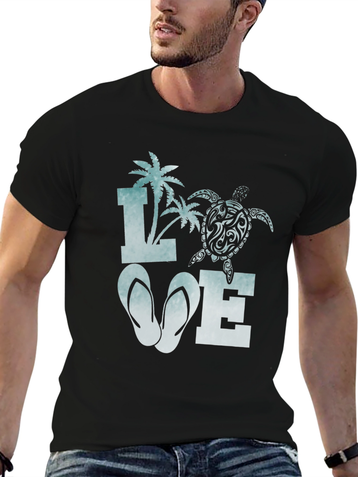 Love Beach T-Shirt: Palm Tree Turtle Flip Flop Design