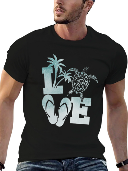 Love Beach T-Shirt: Palm Tree Turtle Flip Flop Design