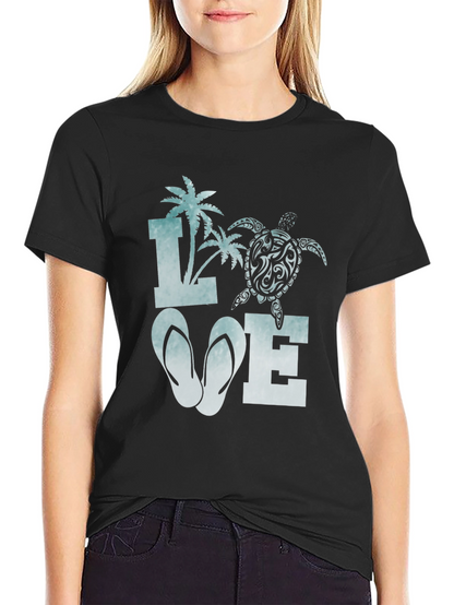 Love Beach T-Shirt: Palm Tree Turtle Flip Flop Design