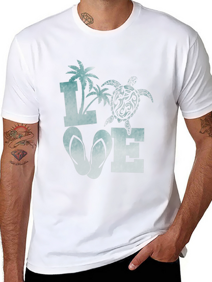 Love Beach T-Shirt: Palm Tree Turtle Flip Flop Design