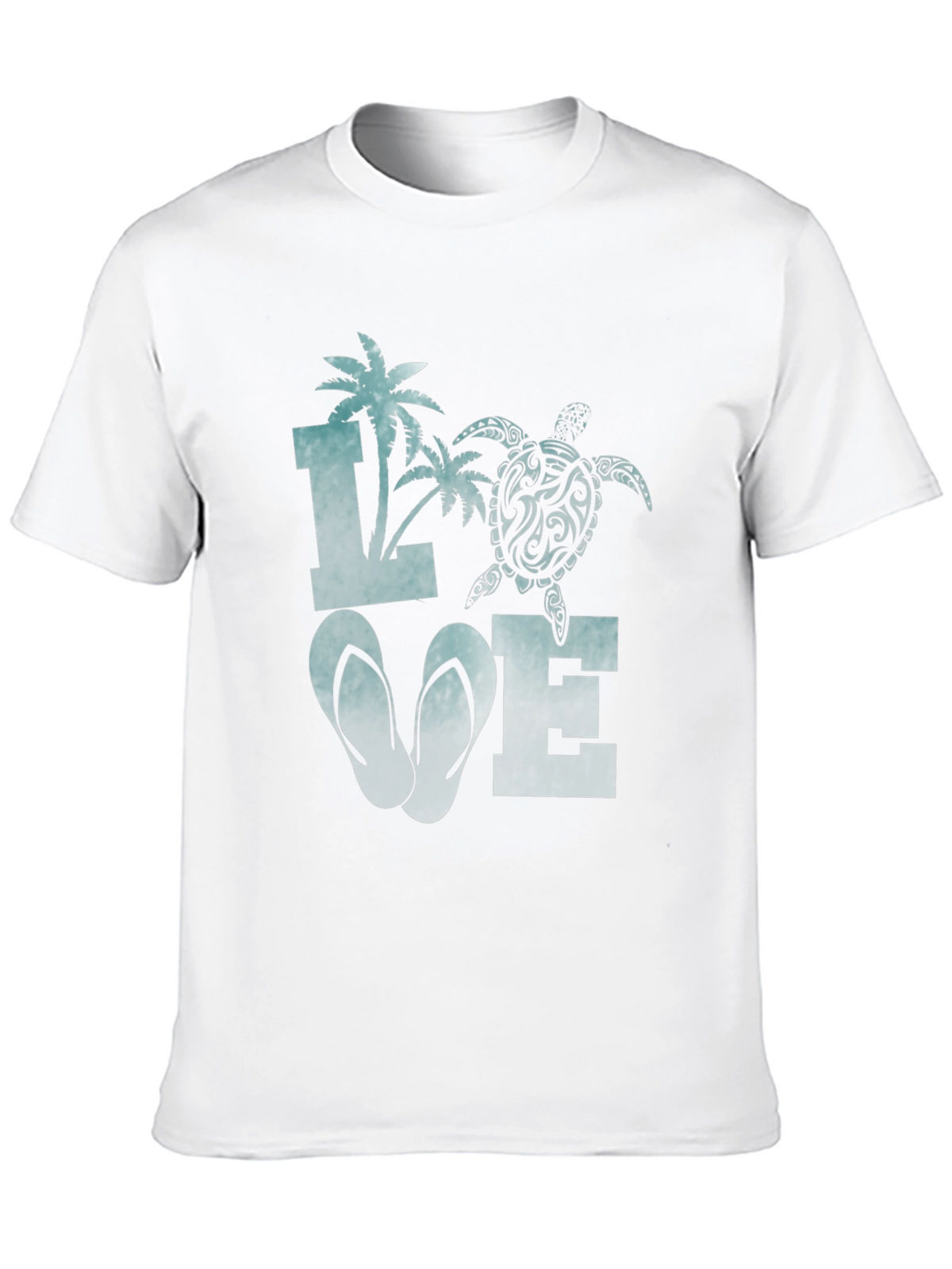 Love Beach T-Shirt: Palm Tree Turtle Flip Flop Design