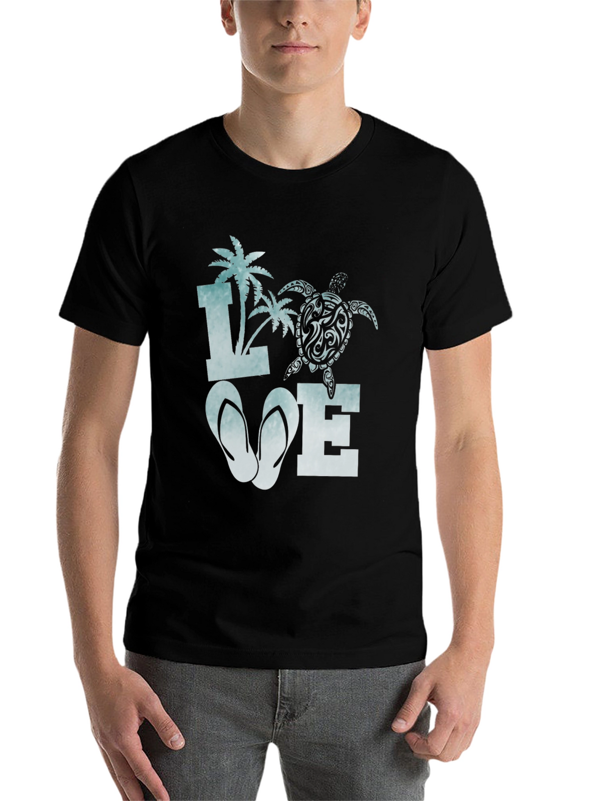 Love Beach T-Shirt: Palm Tree Turtle Flip Flop Design