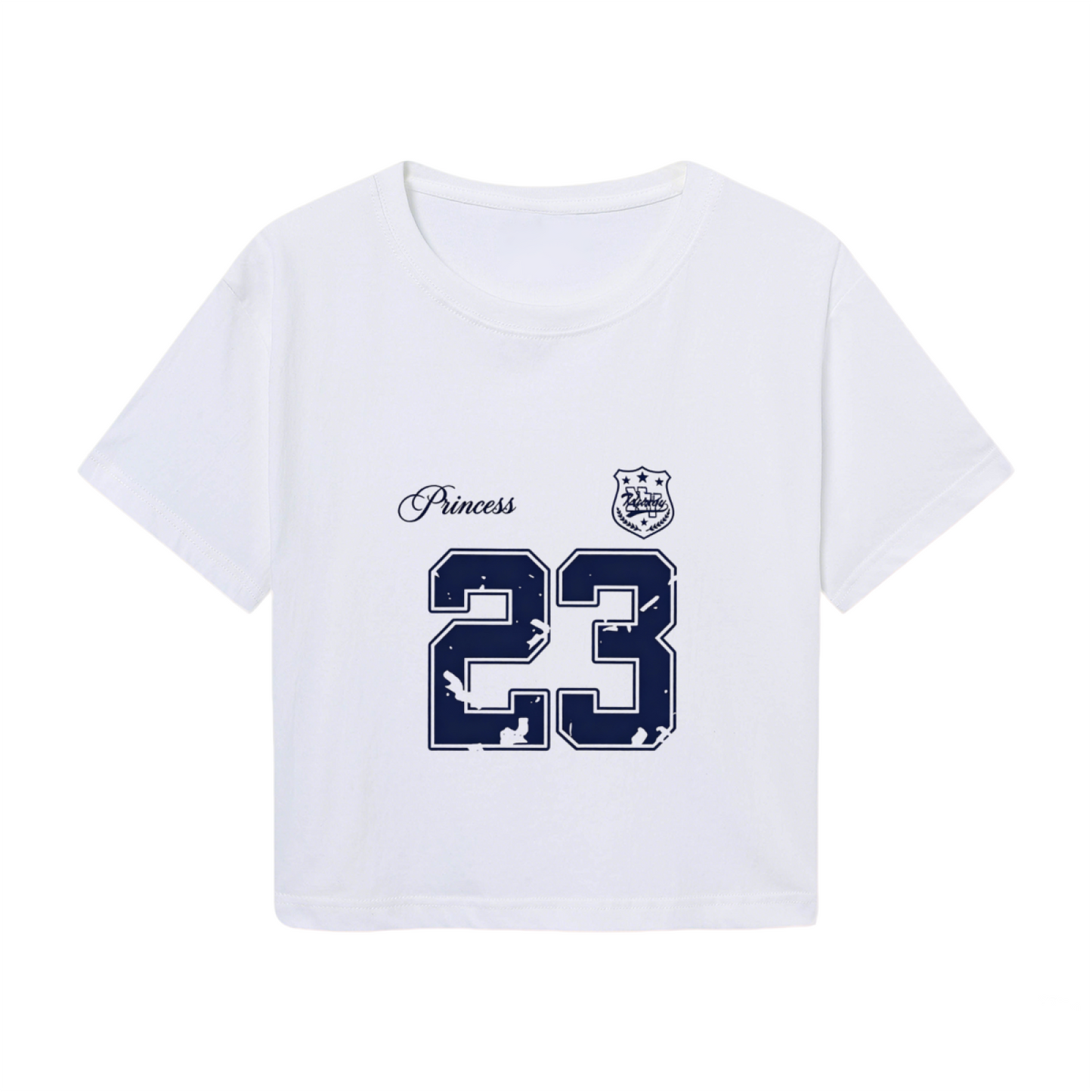 Preppy White Varsity Crop Tee With Distressed Princess Number 23 Graphic