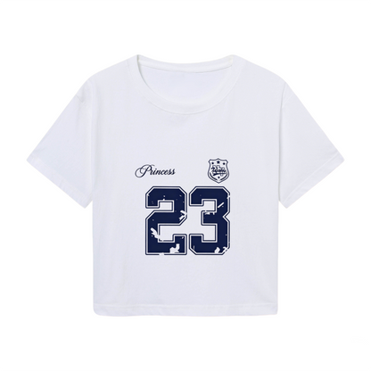 Preppy White Varsity Crop Tee With Distressed Princess Number 23 Graphic