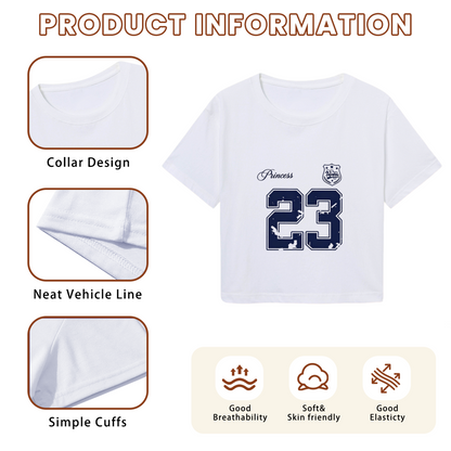Preppy White Varsity Crop Tee With Distressed Princess Number 23 Graphic