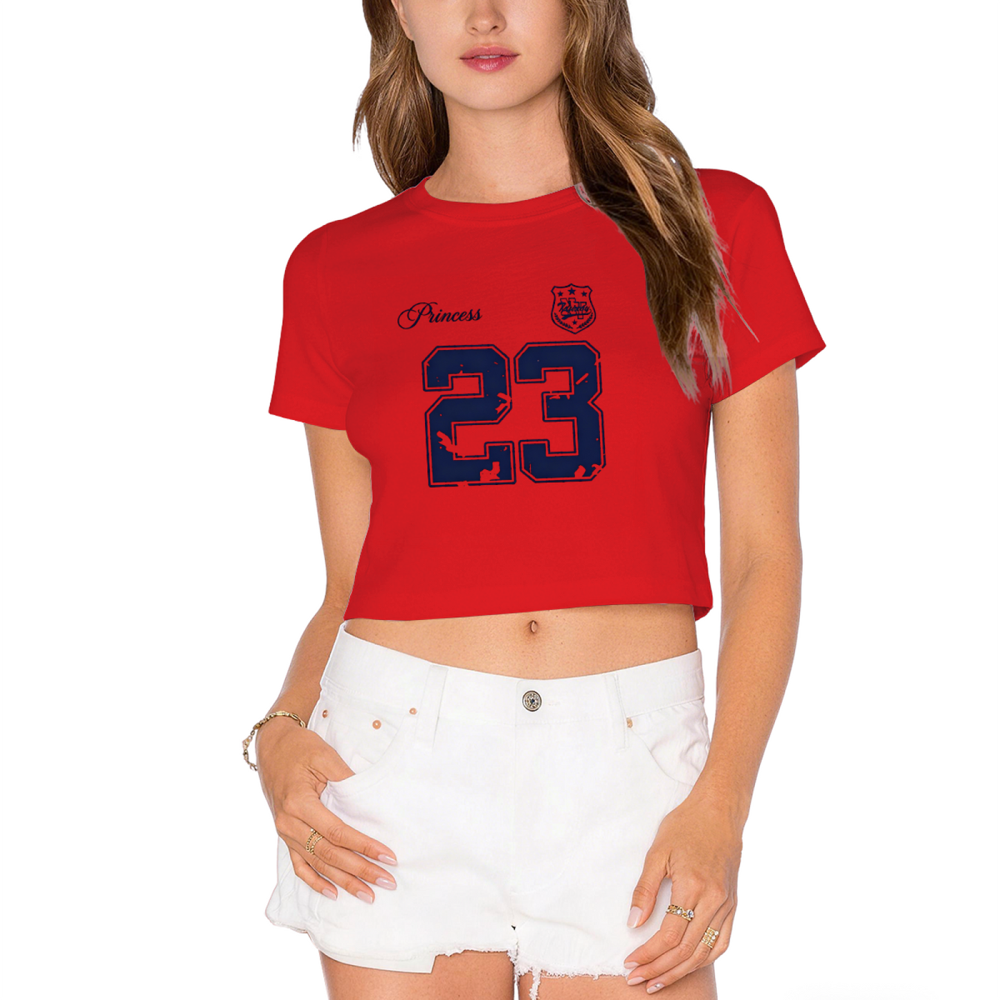 Preppy White Varsity Crop Tee With Distressed Princess Number 23 Graphic