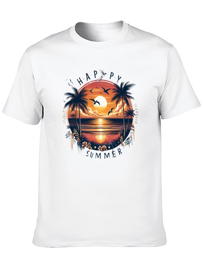 Happy Summer Palm Tree Graphic Black T-Shirt