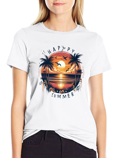 Happy Summer Palm Tree Graphic Black T-Shirt
