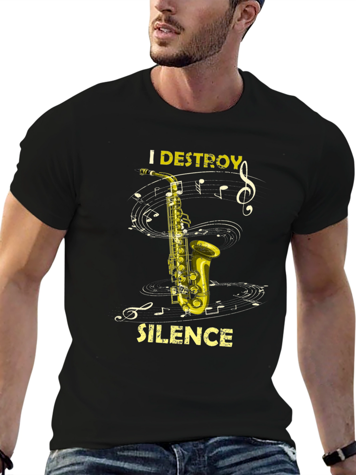I Destroy Silence Saxophone Black T-Shirt Music Lover