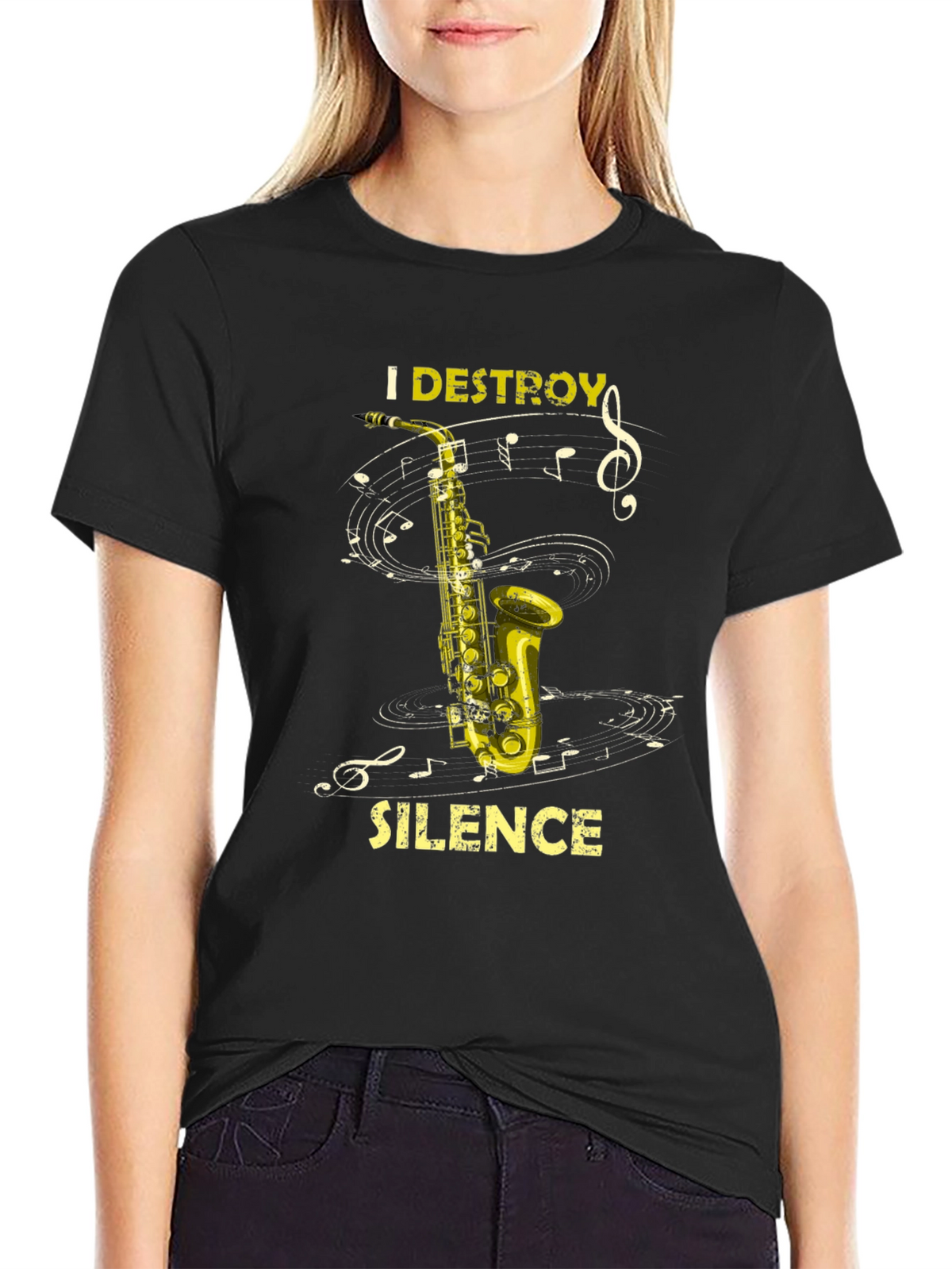 I Destroy Silence Saxophone Black T-Shirt Music Lover