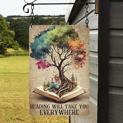 Watercolor Tree Reading Will Take You Everywhere Book Tin Sign
