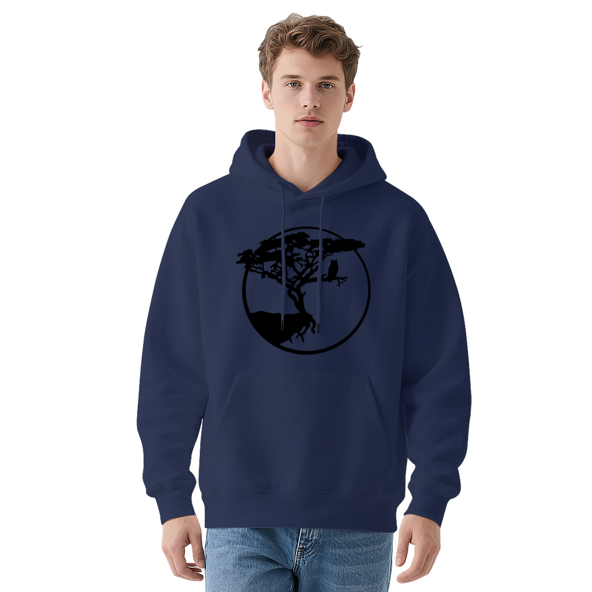 Wild Tree & Owl Circle Silhouette White Hoodie, Relaxed Nature Comfort Hoodie