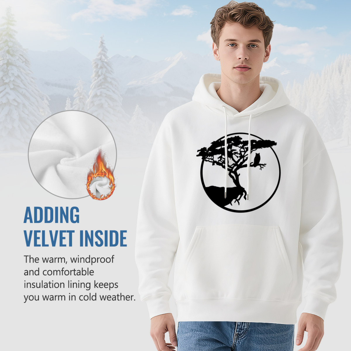 Wild Tree & Owl Circle Silhouette White Hoodie, Relaxed Nature Comfort Hoodie