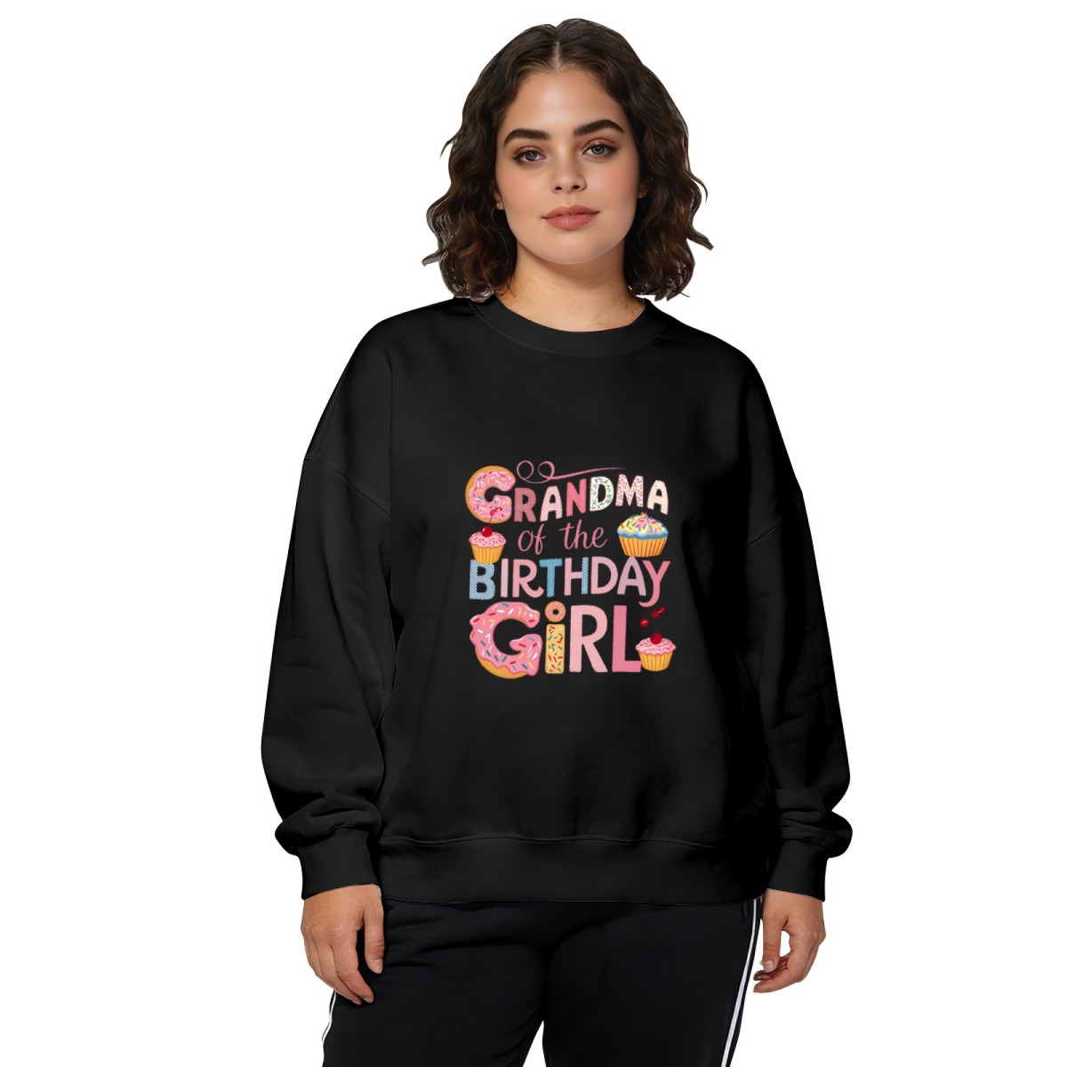 Grandma Of The Birthday Girl Donut Cupcake Black Crewneck Sweatshirt
