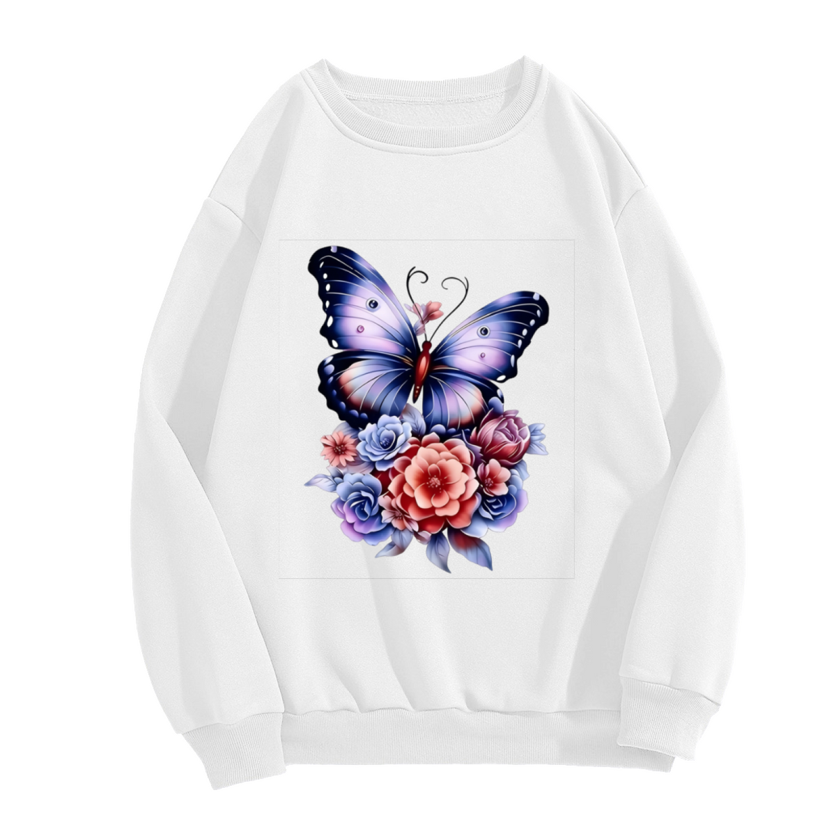 Dreamy Blue?Purple Butterfly Mixed Floral Art Crewneck Sweatshirt