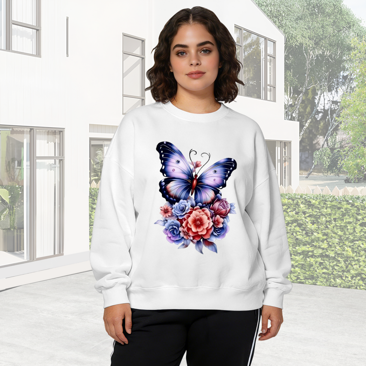 Dreamy Blue?Purple Butterfly Mixed Floral Art Crewneck Sweatshirt