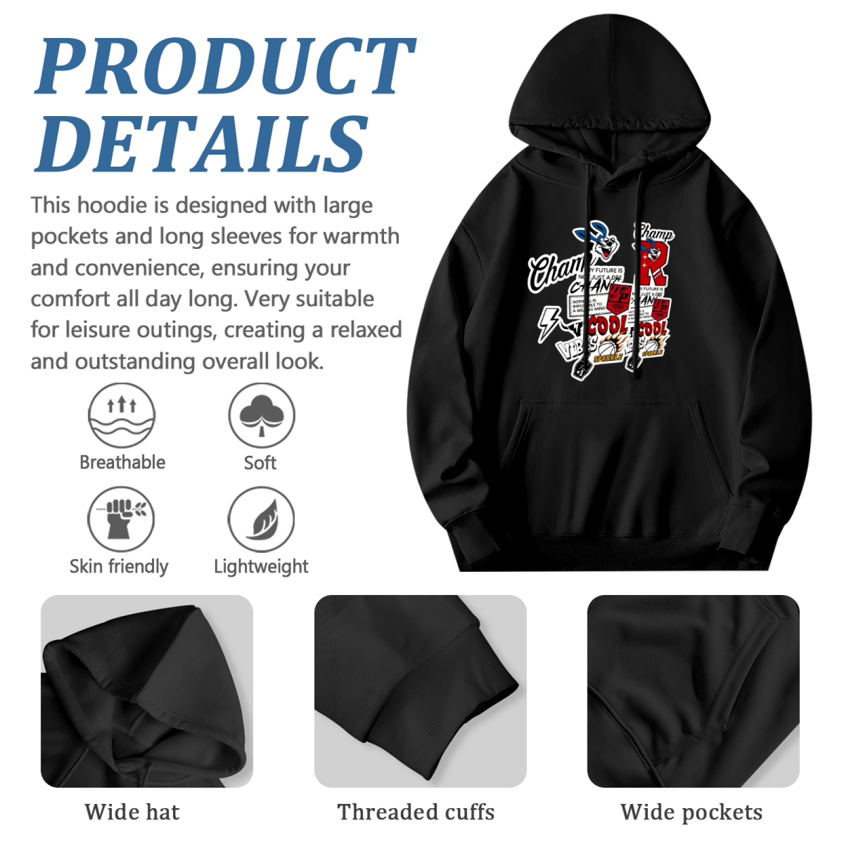 Bold Multi‑Pattern Street Art Graffiti Black Hoodie