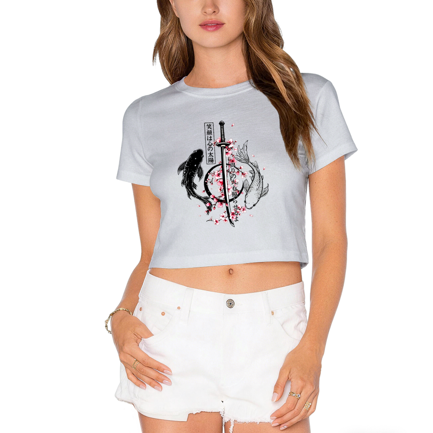 Koi Samurai Sakura Japanese Art Red Crop Tee