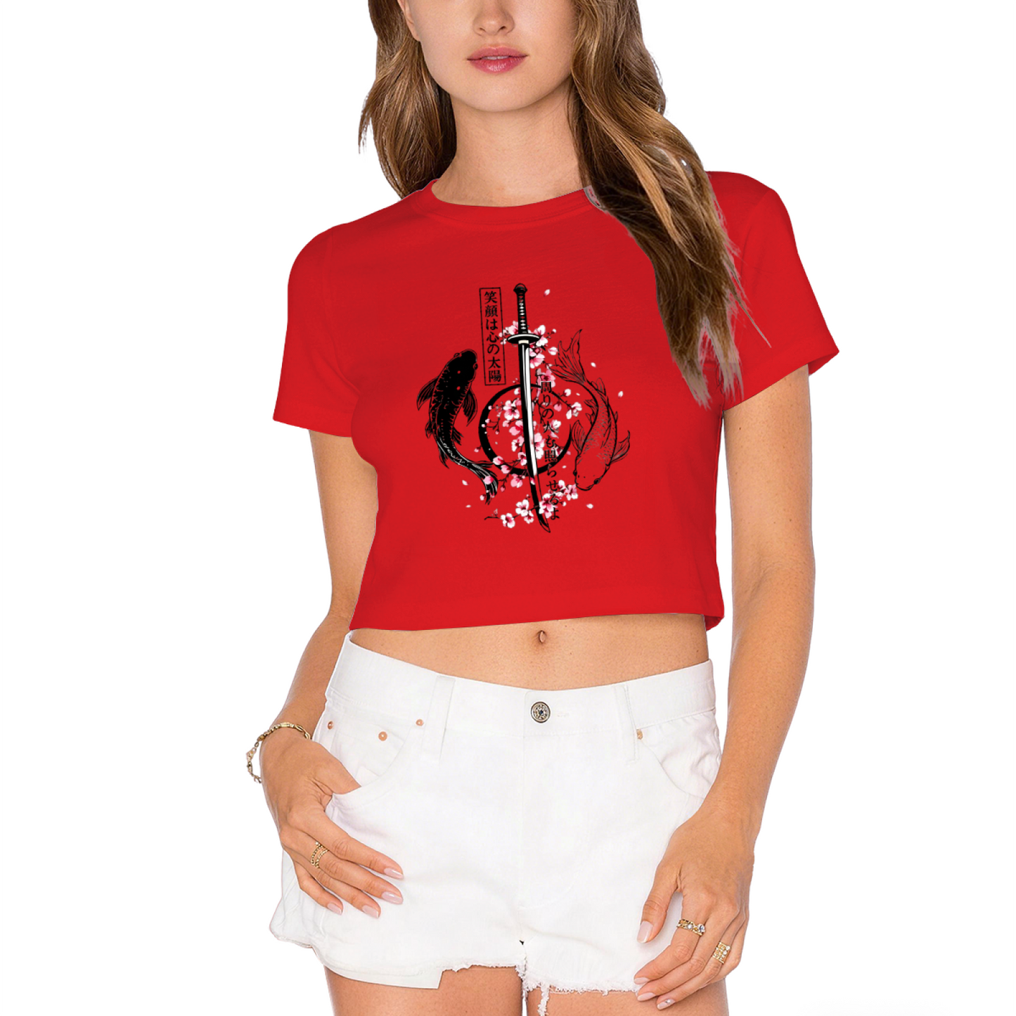 Koi Samurai Sakura Japanese Art Red Crop Tee
