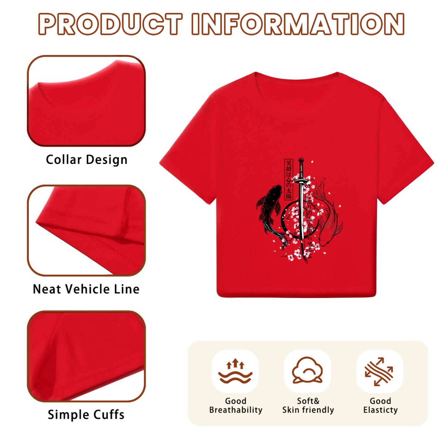Koi Samurai Sakura Japanese Art Red Crop Tee