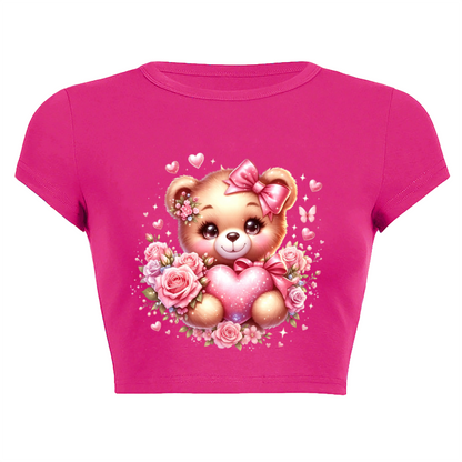 Coquette Pink Cute Teddy Bear Rose Heart Cropped Baby Tee