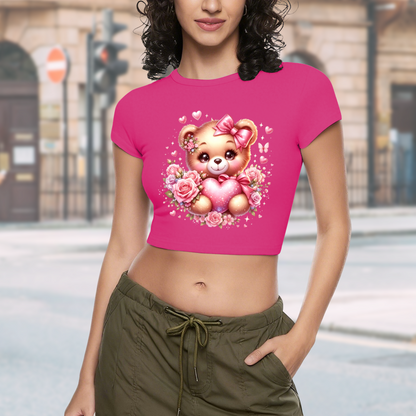Coquette Pink Cute Teddy Bear Rose Heart Cropped Baby Tee