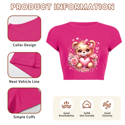 Coquette Pink Cute Teddy Bear Rose Heart Cropped Baby Tee