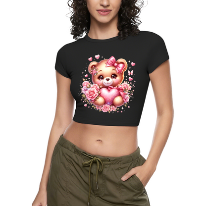 Coquette Pink Cute Teddy Bear Rose Heart Cropped Baby Tee