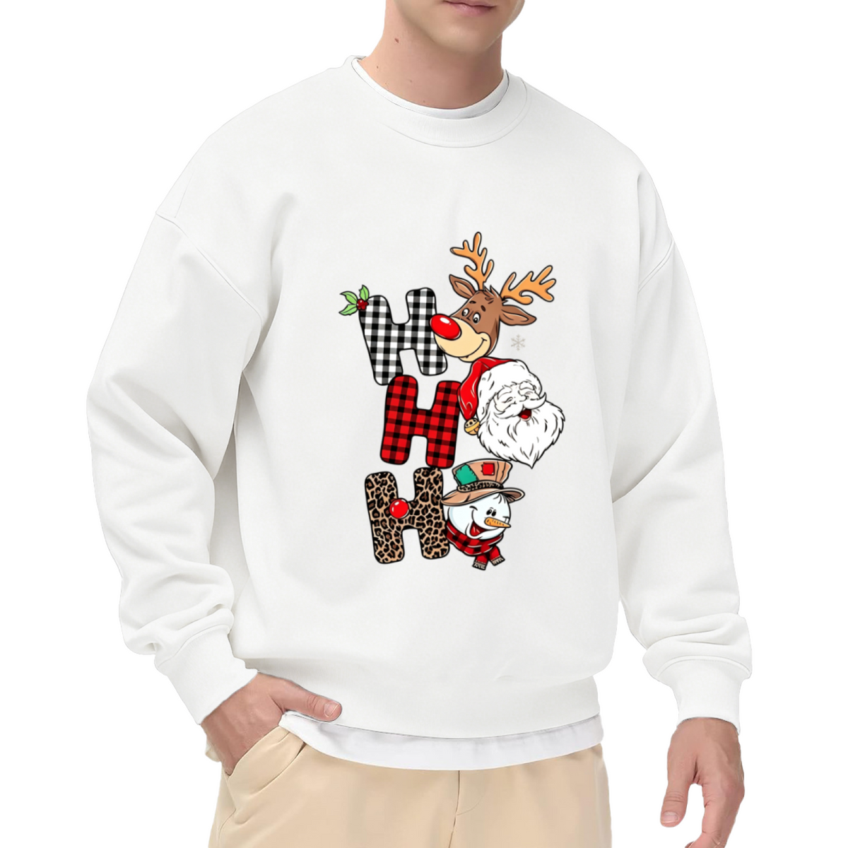 Ho Ho Ho Plaid Leopard Santa Reindeer Snowman Christmas Crewneck Sweatshirt