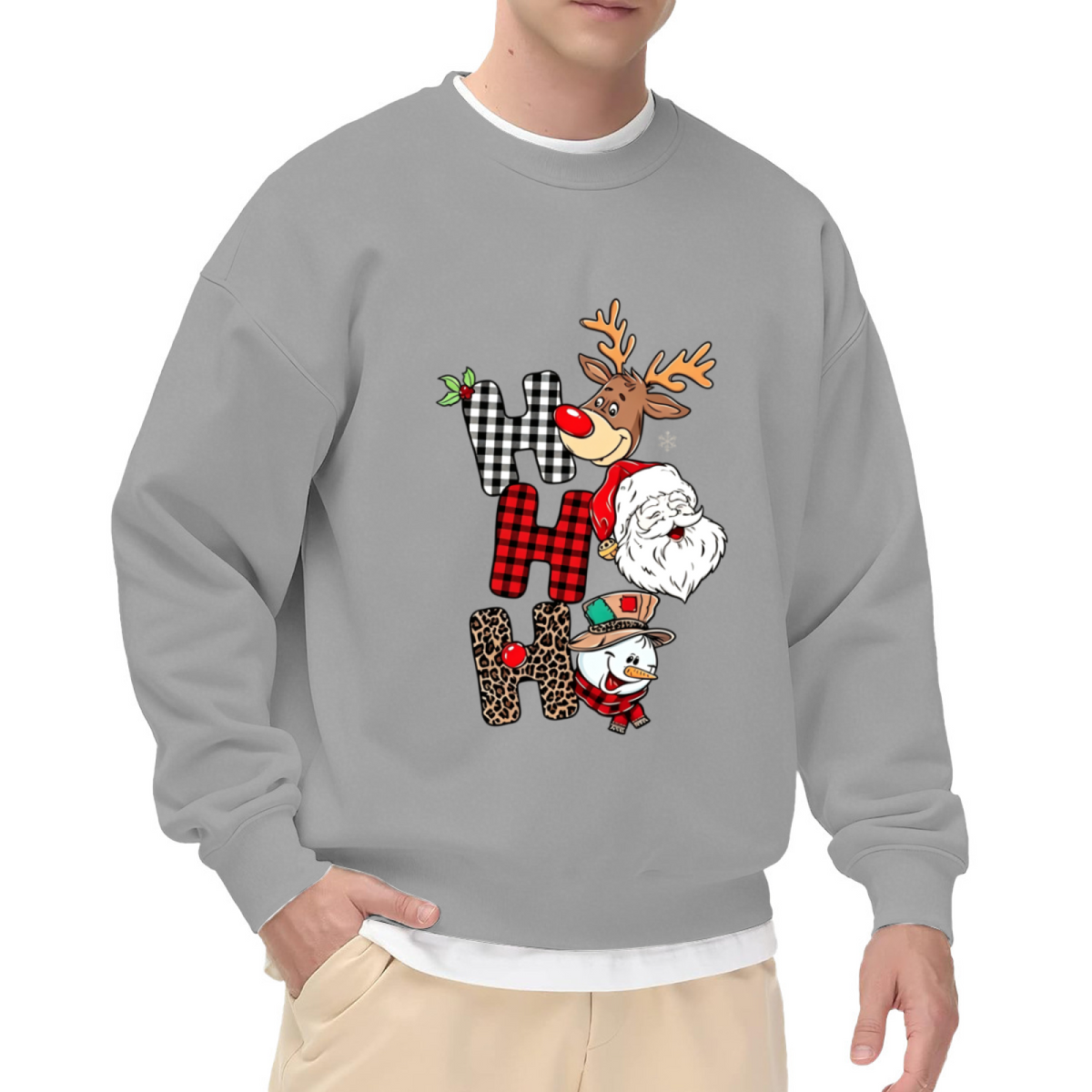 Ho Ho Ho Plaid Leopard Santa Reindeer Snowman Christmas Crewneck Sweatshirt
