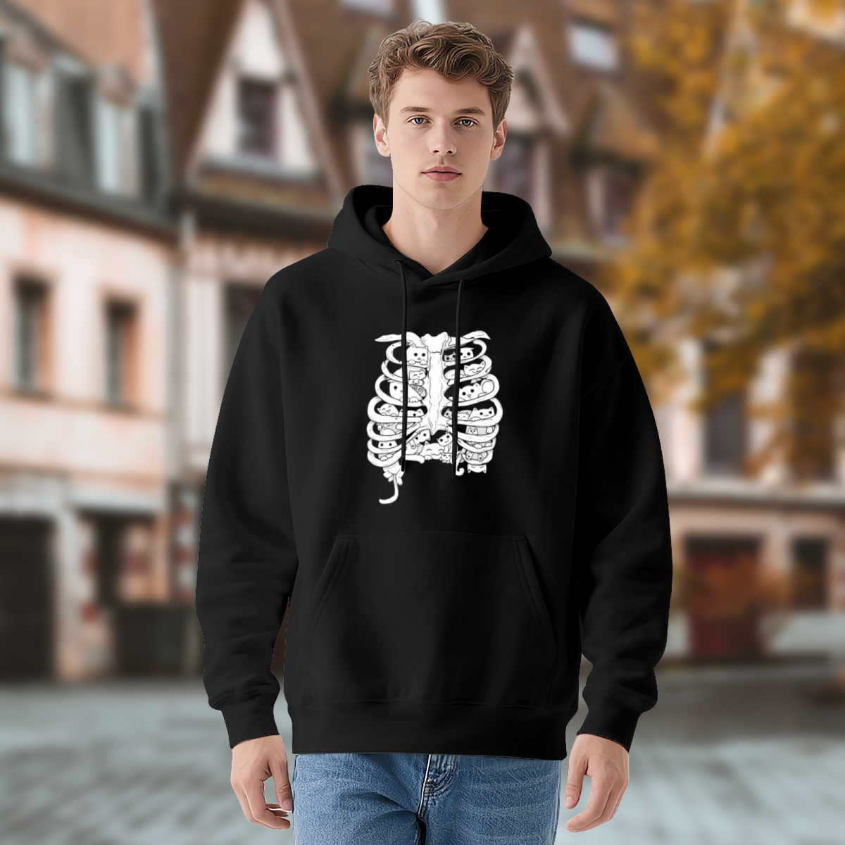 Gothic Skeleton Cat Rib Cage Hoodie, Comfort Dark Style Pullover