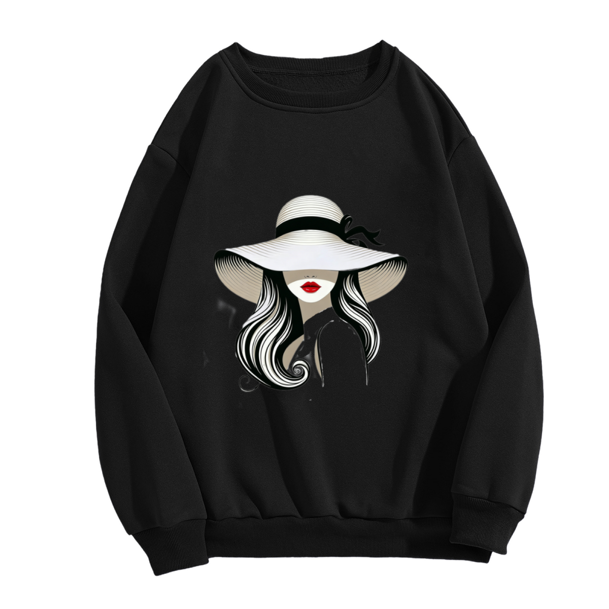 Elegant Lady In Wide?Brim Hat Art Crewneck Sweatshirt