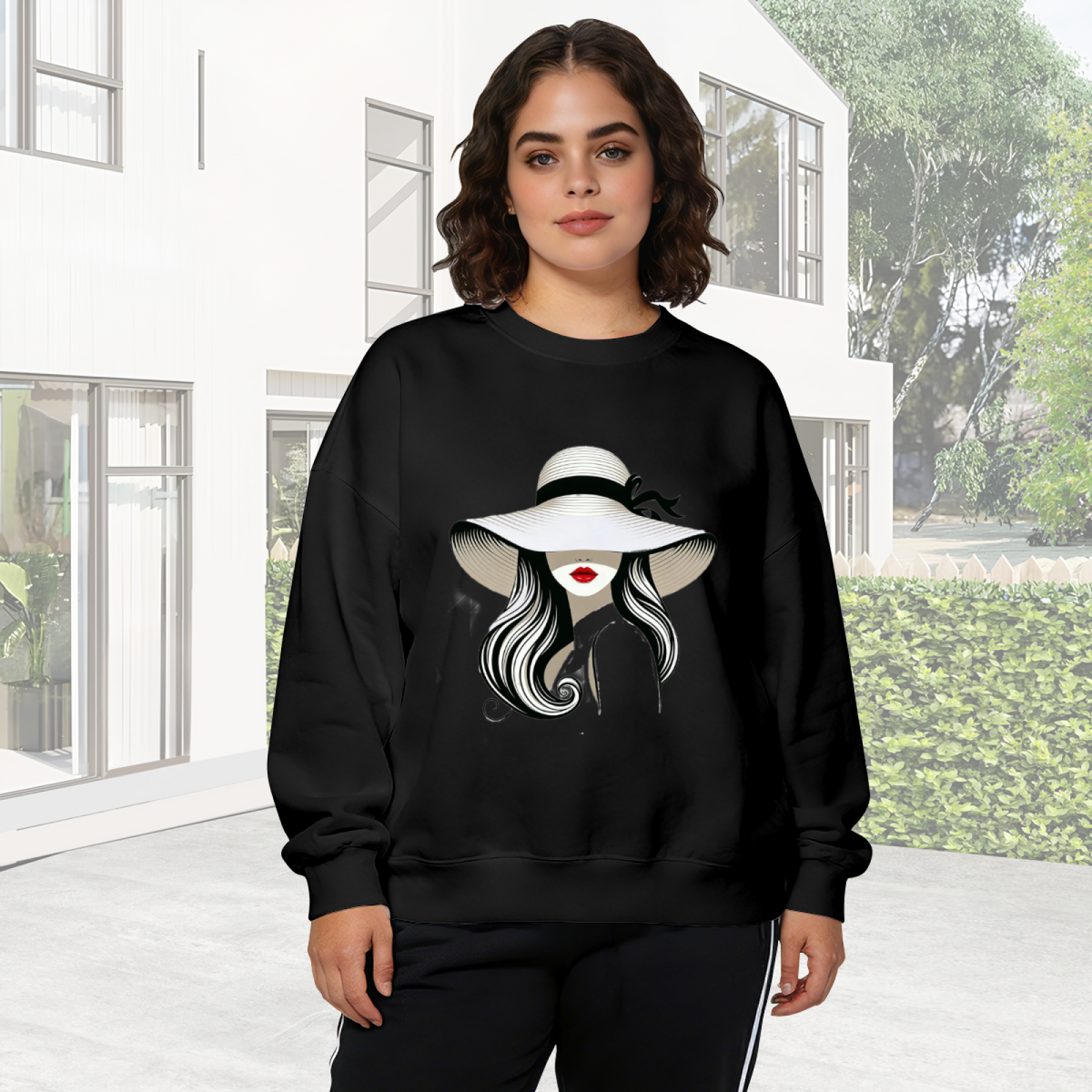 Elegant Lady In Wide?Brim Hat Art Crewneck Sweatshirt