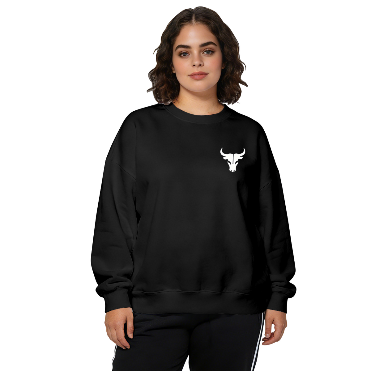 Minimal Bull Skull Chest Logo Casual Crewneck Sweatshirt