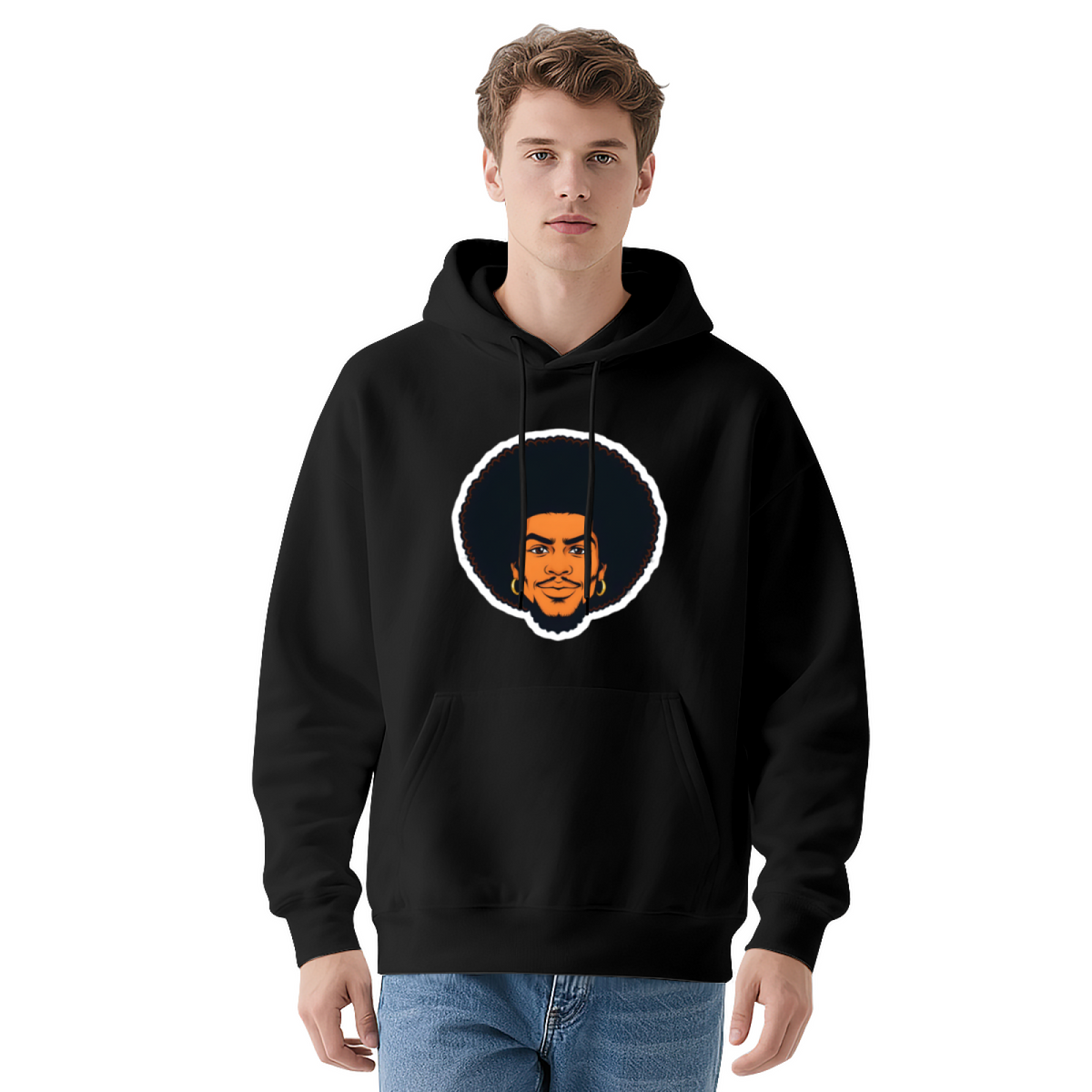 Afro Hairstyle Man Cartoon Portrait Navy Hoodie, Soft Casual Men Graphic Sweatshirt