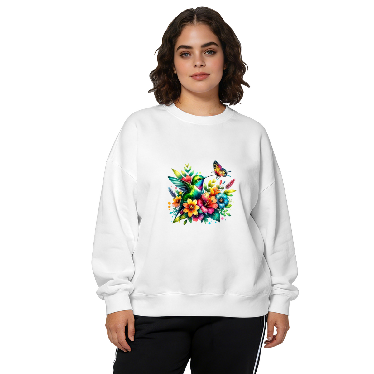 Colorful Hummingbird And Butterfly Tropical Floral Crewneck Sweatshirt