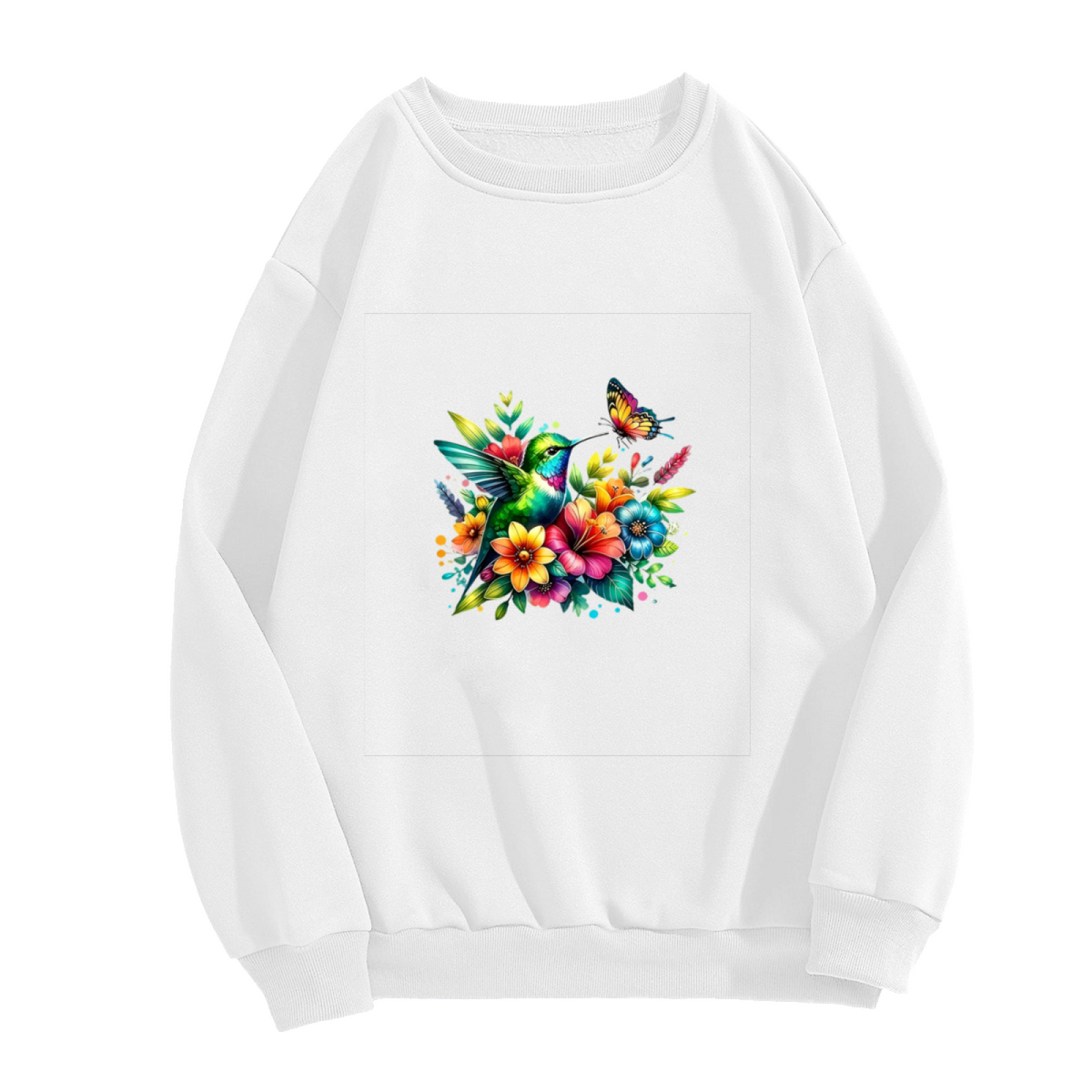 Colorful Hummingbird And Butterfly Tropical Floral Crewneck Sweatshirt