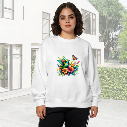 Colorful Hummingbird And Butterfly Tropical Floral Crewneck Sweatshirt