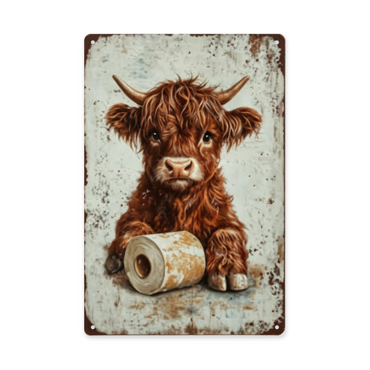 Fluffy Highland Cow With Toilet Paper Rustic Bathroom Tin Sign